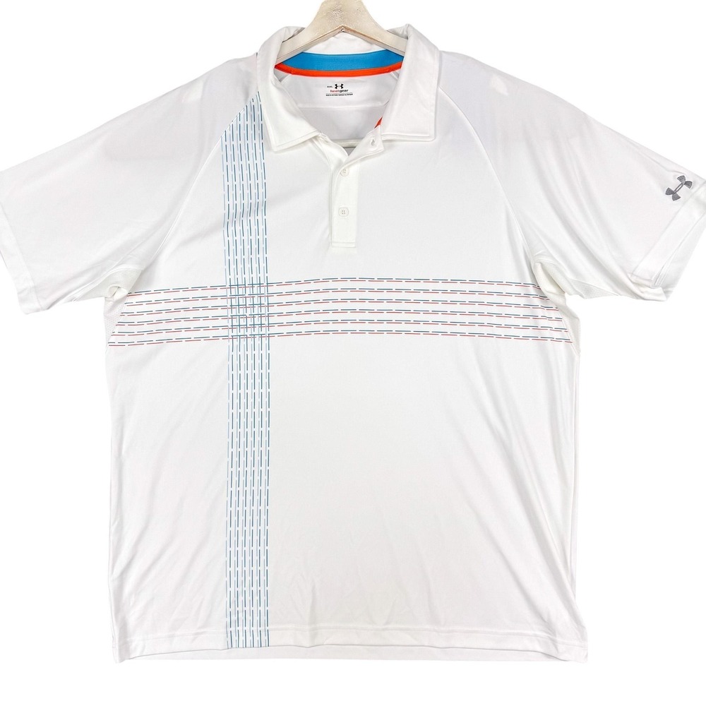 Under Armour Polo Shirt Mens 2XL White Stripe HeatGear Golf Fitted NEW $65 - Picture 1 of 12